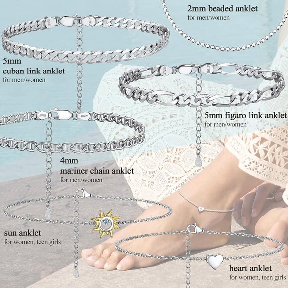 Sterling Silver Ankle Bracelet Women Adjustable Summer Beach Jewelry Dainty - Picture 3 of 8